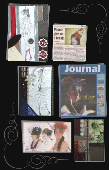 media clippings featuring bird millinery and concept art